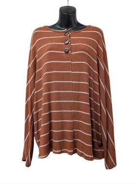 Ces Femme Sz 3XL Brown White Striped Ribbed Knit Henley  Top Long Sleeve Button